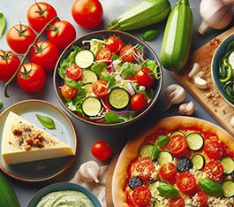 Ensalada de tomates raf, Crema de Calabacín, Pizza y Tarta de queso